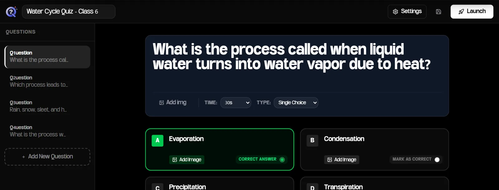 Quizboard quiz editor with four AI-generated water cycle questions in the sidebar and the first question about evaporation open, with Evaporation marked as the correct answer