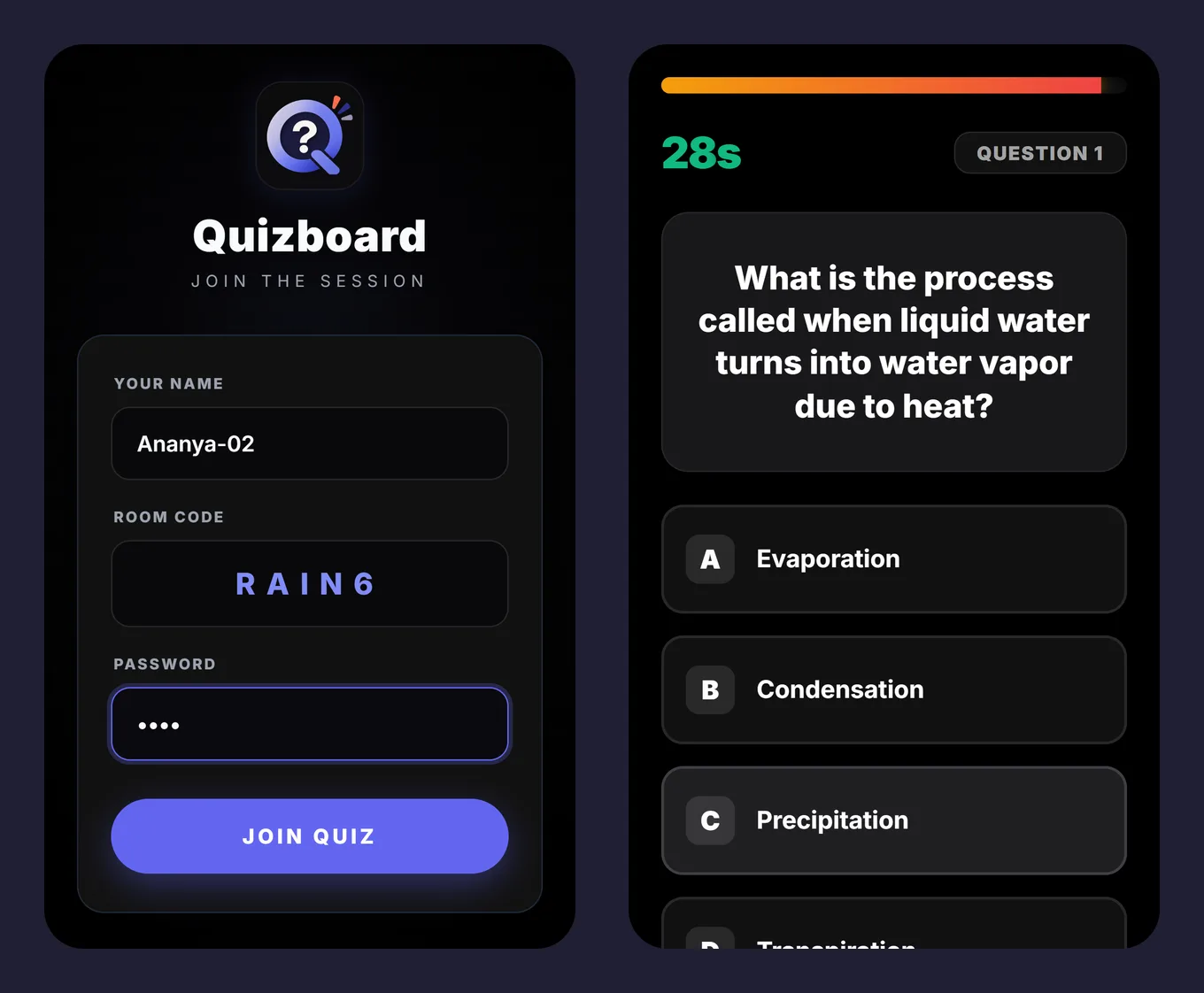 Two phone screens: the join page with name Ananya-02, room code RAIN6 filled in from the link and a password entered, and the first quiz question with four answer options