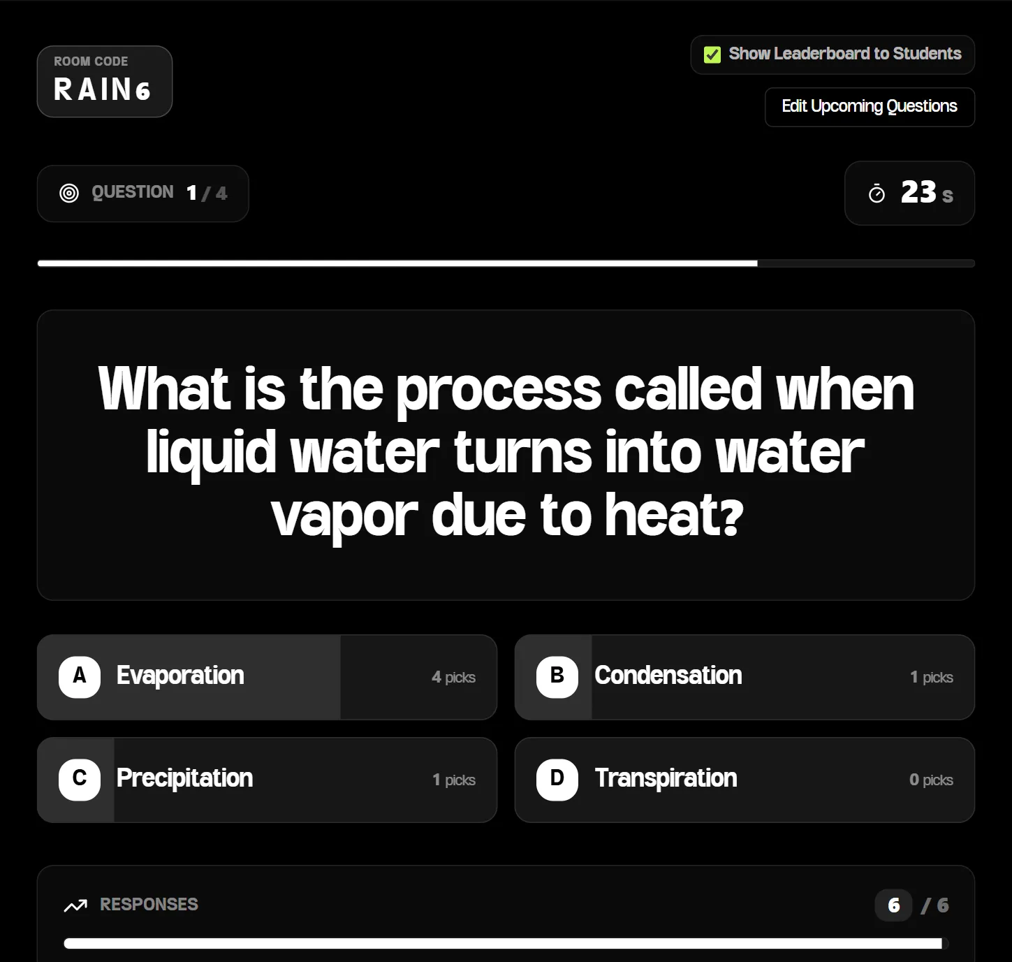 Teacher's live screen for room RAIN6: question 1 of 4 about evaporation with 23 seconds left, showing Evaporation 4 picks, Condensation 1, Precipitation 1 and Transpiration 0, with 6 of 6 responses
