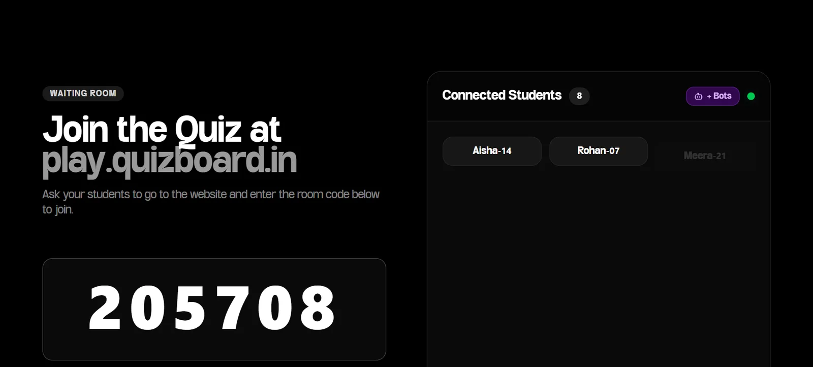 Quizboard waiting room showing 'Join the Quiz at play.quizboard.in', a six-digit room code, and a Connected Students panel listing student names