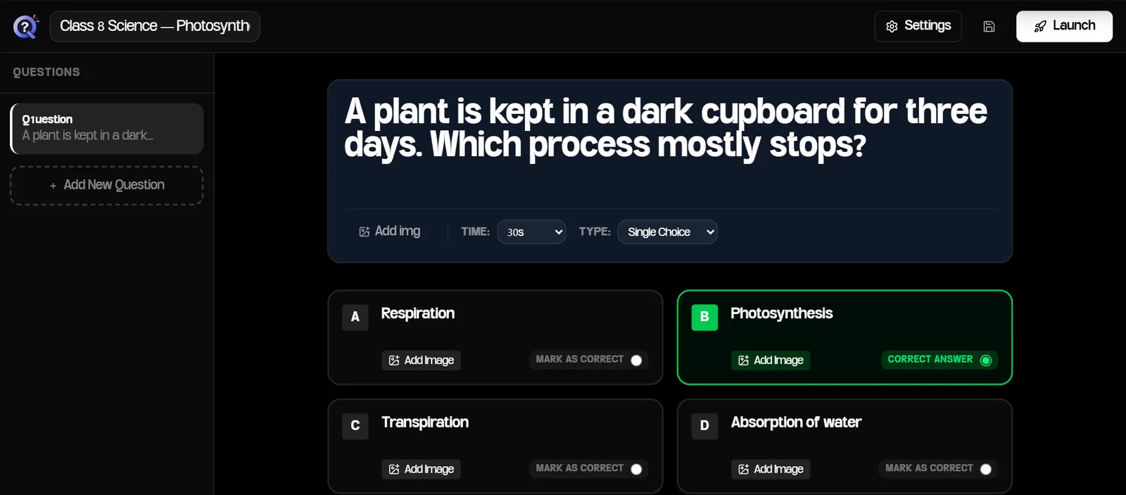 Quizboard quiz editor with a question about a plant in a dark cupboard, four answer options with Photosynthesis marked as the correct answer, and Time and Type dropdowns
