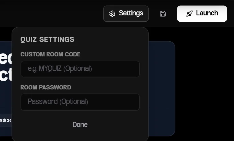 Quiz Settings popover with fields for a custom room code and an optional room password