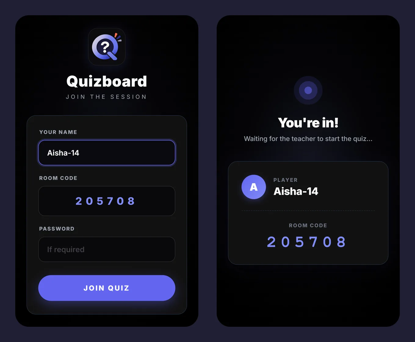 Two phone screens: the join form with a name and room code filled in, and a 'You're in!' waiting screen