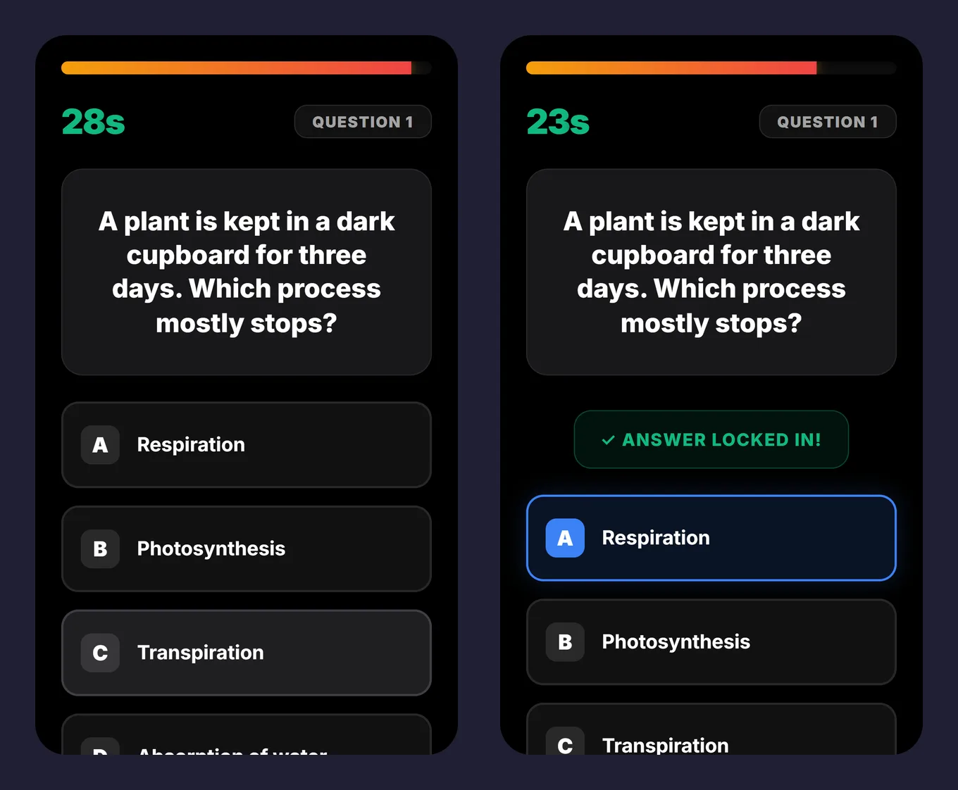Two phone screens: a student viewing the question with four answer buttons, and the same student after answering with 'Answer locked in'