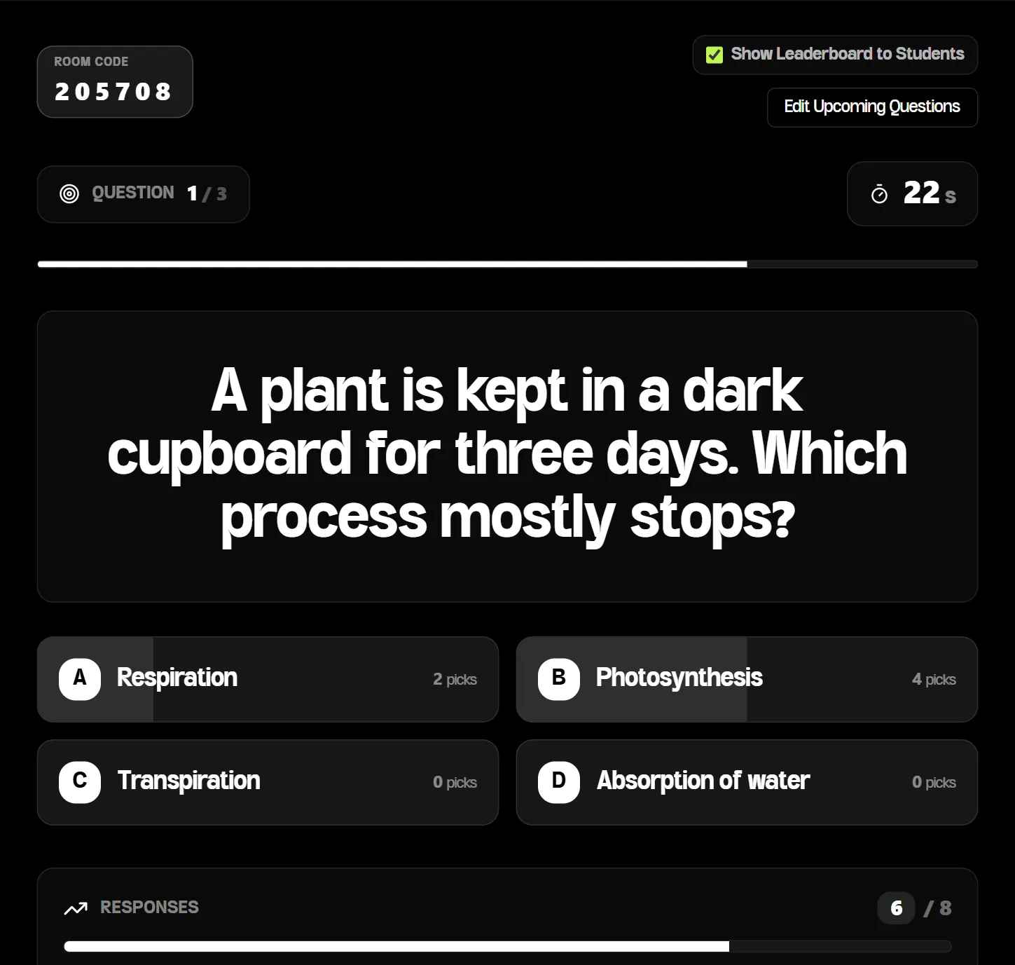 Teacher's live question screen showing the room code, a 22-second countdown, the question text and pick counts for each answer option